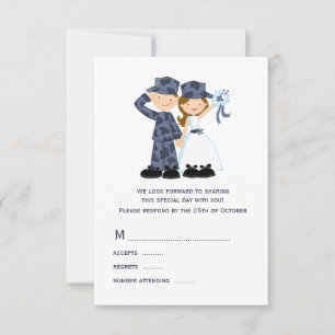 Braut und Soldat in Blue Camouflage Hochzeit RSVP Karte