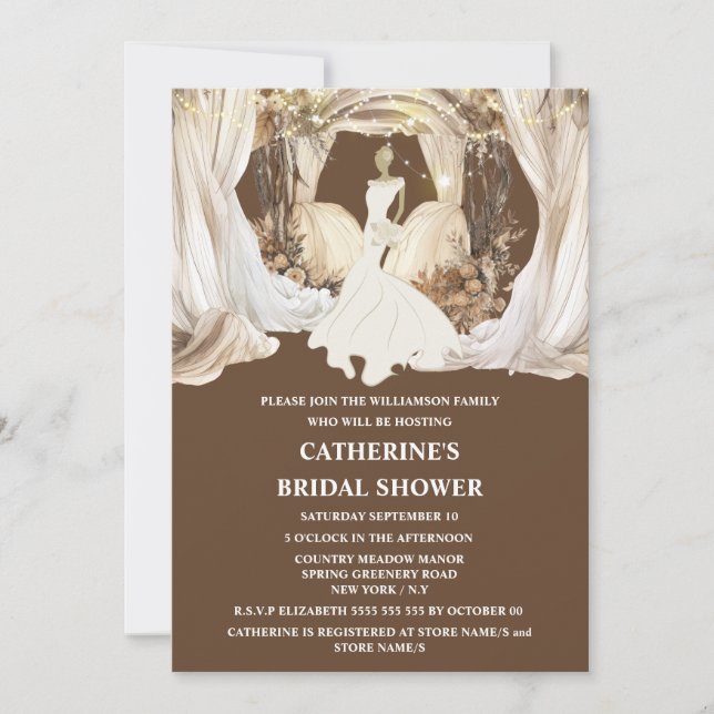 Braut weißes Hochzeitskleid Boho Streichlampen Einladung (Vorderseite)