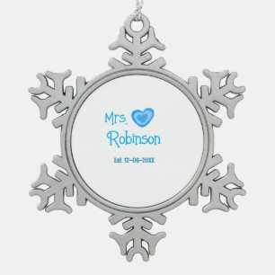 Braut wird Mrs Name Datum Blaue Herz Wasserfarbe Schneeflocken Zinn-Ornament