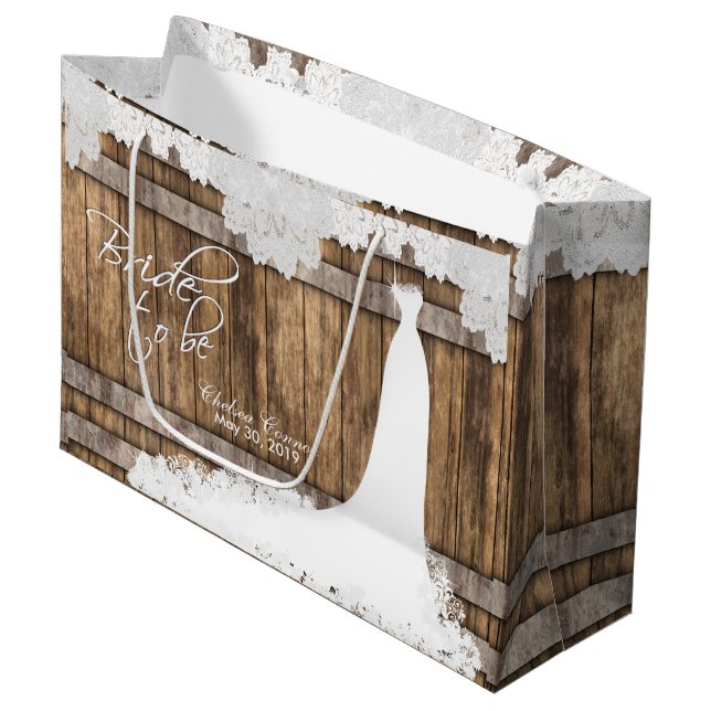Braut, zum - rustikales Holz u. Vintager Große Geschenktüte (Vorderseite Schrägansicht)