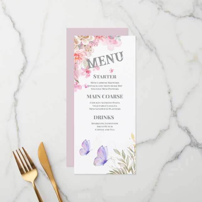 Brautdusche aus weißem und goldenem Wasser Menükarte (Vorderseite/Rückseite Beispiel)