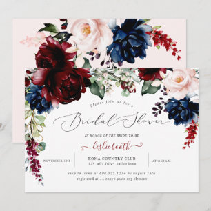 Brautdusche Burgundrot, Rosé und Marineblaue Blume Einladung
