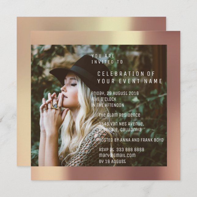 BrautFoto Abschluss-Party-Kupfer-Rose metallisch Einladung (Vorne/Hinten)