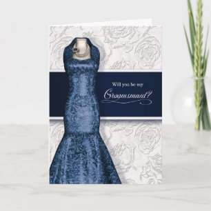 Brautjungfer-Anfrage Navy Blau und Weiße Rosen Einladung