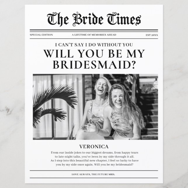 Brautjungfer Antrag Zeitung Hochzeitspapierblatt (Vorderseite)