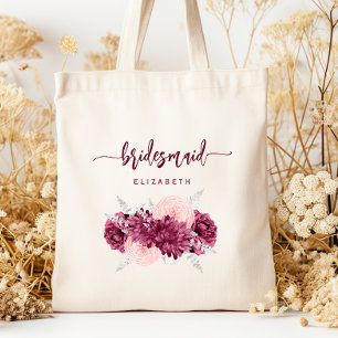 Brautjungfer Blumen Burgunderrosa Schrift Tragetasche