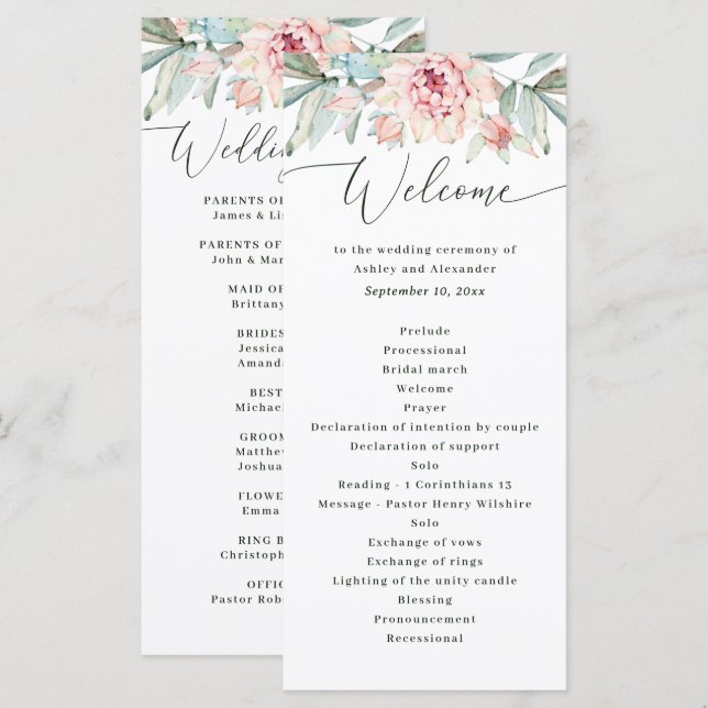 Brautjungfer Blumen Hochzeit. Wasserfarbene elegan Programm (Vorne/Hinten)