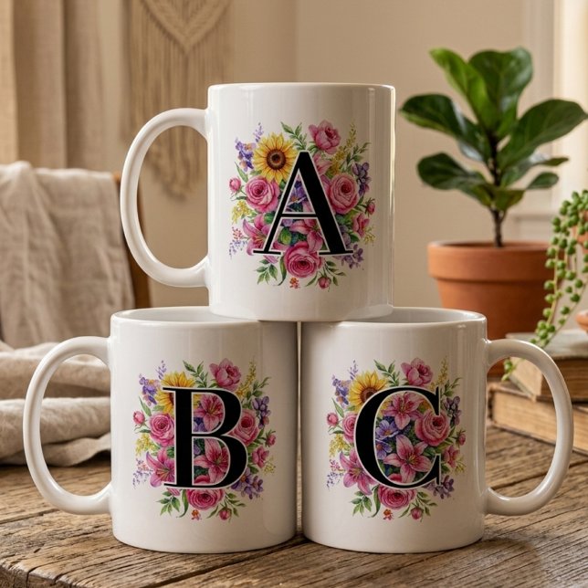 Brautjungfer | Blumengeschenk-Tasse mit Monogramm  Kaffeetasse (Custom floral birthday gift for her | teacher appreciation gift | best friend gift | bridesmaid mug)
