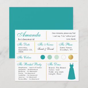 Brautjungfer Informationskarte Teal Faux Gold Farb