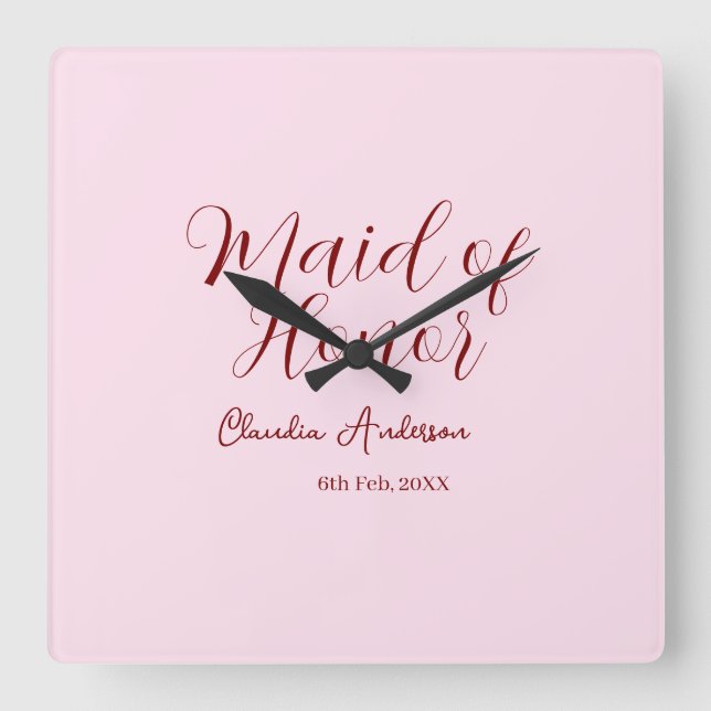 Brautjungfer lila name datum rosa pastel bräute quadratische wanduhr (Vorderseite)