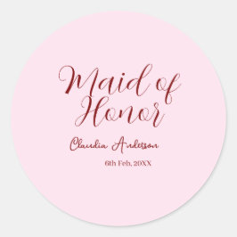 Brautjungfer lila name datum rosa pastel bräute runder aufkleber