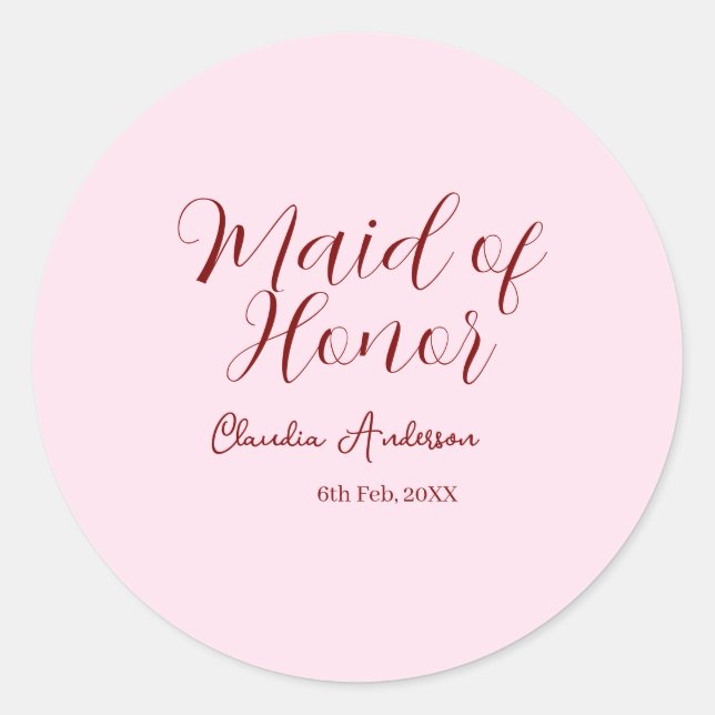 Brautjungfer lila name datum rosa pastel bräute runder aufkleber (Vorderseite)