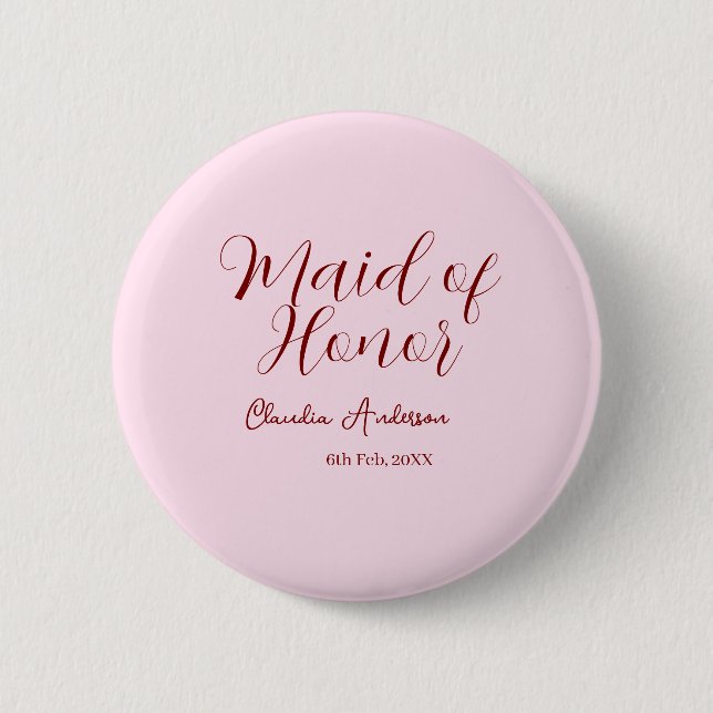 Brautjungfer mauve Name Datum rosa Pastell Braut Button (Vorderseite)