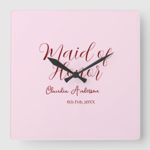 Brautjungfer mauve Name Datum rosa Pastell Braut Quadratische Wanduhr