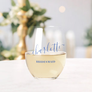 Brautjungfer Modern Blaue Schrift Name Brautparty  Weinglas Ohne Stiel