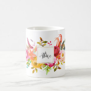 Brautjungfer-Monogramm Wasserfarbe Boho rosa Blume Kaffeetasse