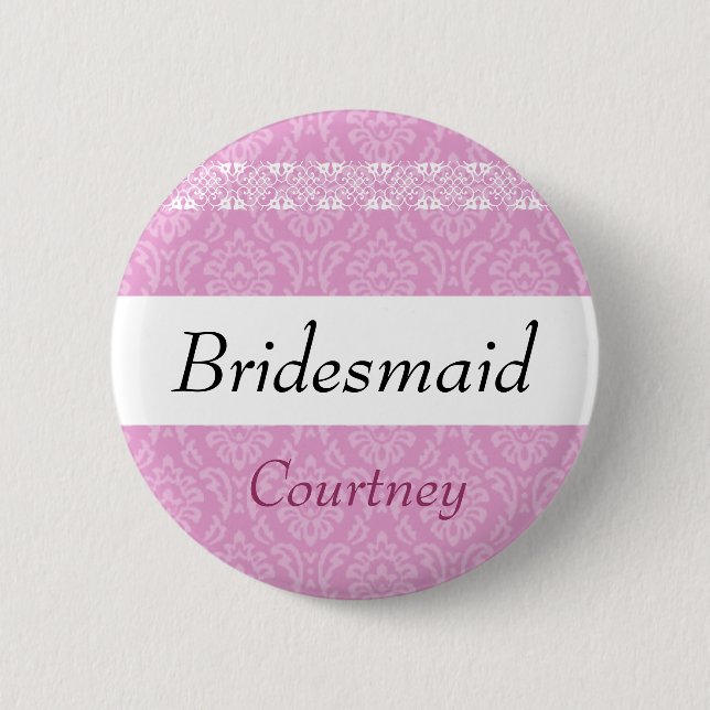 BRAUTJUNGFER rosa Damast und Spitze-Hochzeit Button (Vorderseite)
