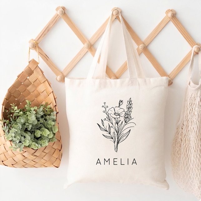 Brautjungfer Rustikal Benutzerdefiniert Name Flora Tragetasche (teacher appreciation tote bag gift, bridesmaid floral tote bag gift, wedding favor tote bag gift)