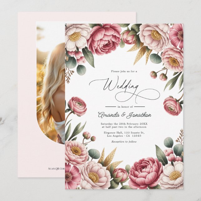 Brautjungfer, Staubige Rose und Goldene Florale Ho Einladung (Vorne/Hinten)