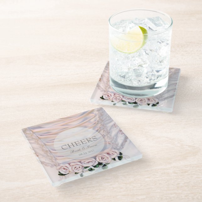 Brautkleid mit Rose Hochzeitsjubeln Glasuntersetzer (Schrägansicht)