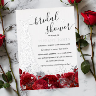 Brautkleid Rot Florale Rose Silber Hochzeitsshower Folieneinladung