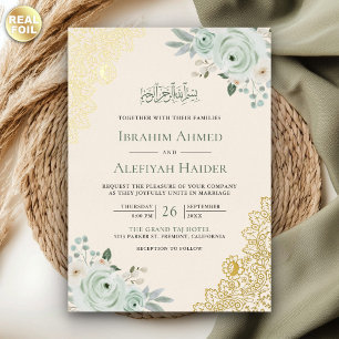 Brautkleid Sage Grün Floral Gold Spitze Muslimisch Folieneinladung