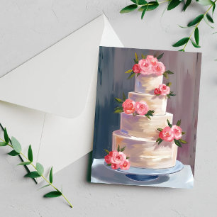 Brautkuchen mit rosa Rosen Aquarell-Hochzeitskar