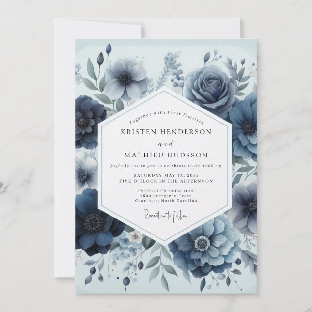 Brautmode Navy Floral Eleganz Einladung (Vorderseite)