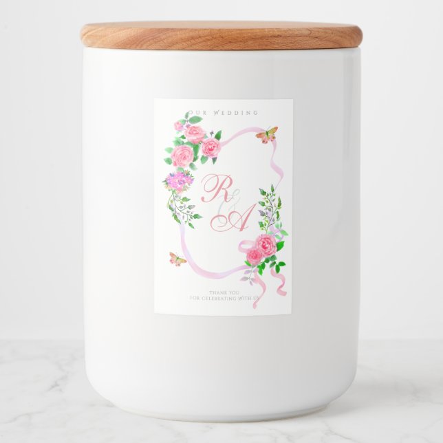 Brautmonogramm mit rosa Band  Lebensmitteletikett (Vorderseite)