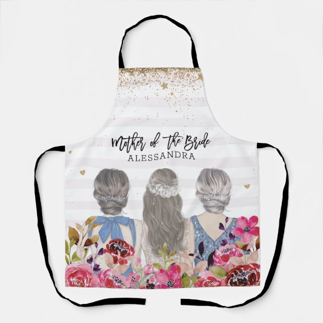 Brautmutter mit rosa Blumen und goldenem Glitter Schürze (Vorderseite)