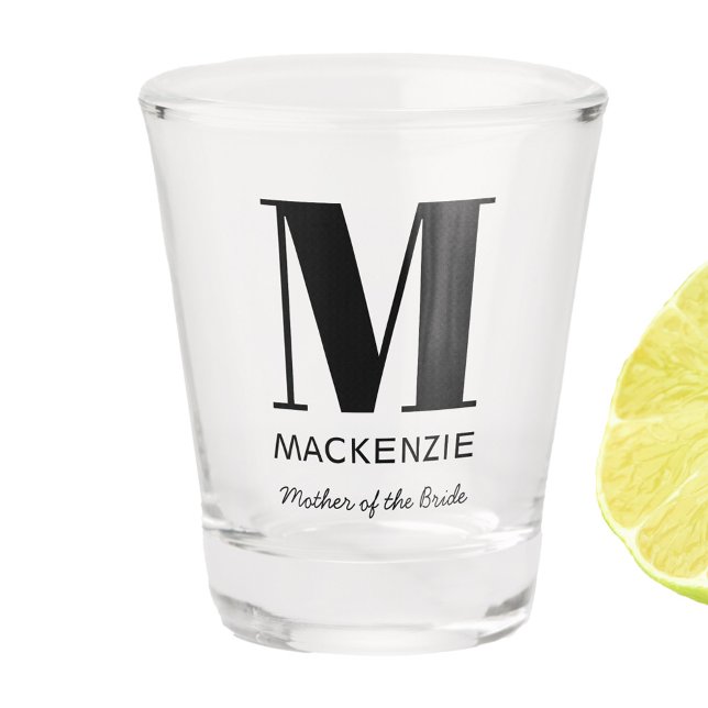 Brautmutter-Monogramm-Name Schnapsglas (Mother of the Bride personalized monogram name shot glass for bachelorette or bridal shower.)