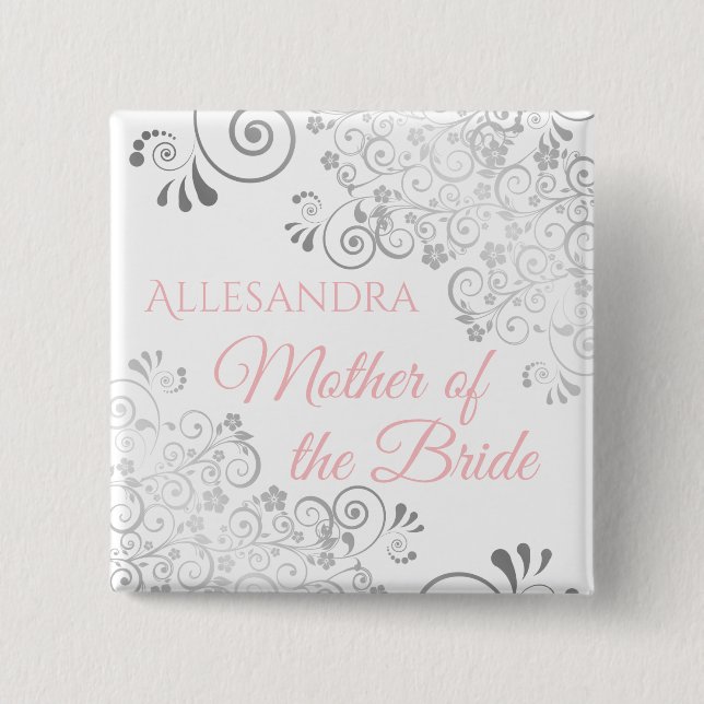 Brautname Tag Pink & Gray Hochzeitmutter Button (Vorderseite)