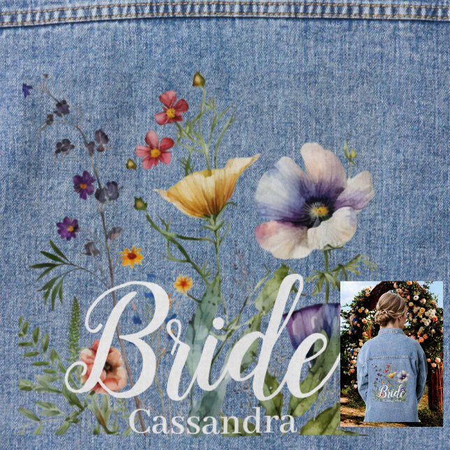 Brautname Wilde Blume Wasserfarben Blumenhochzeit Jeansjacke (Von Creator hochgeladen)