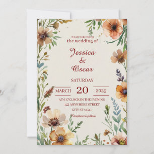 Brautpaar mit Aquarell-Wildblumen im Vintage-Stil Einladung
