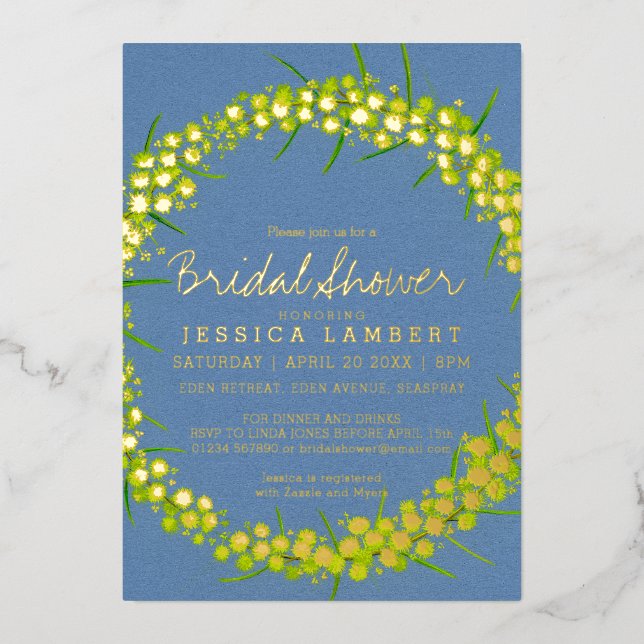 Brautparty Acacia Gelbe Kunst Blume Folieneinladung (Vorderseite)