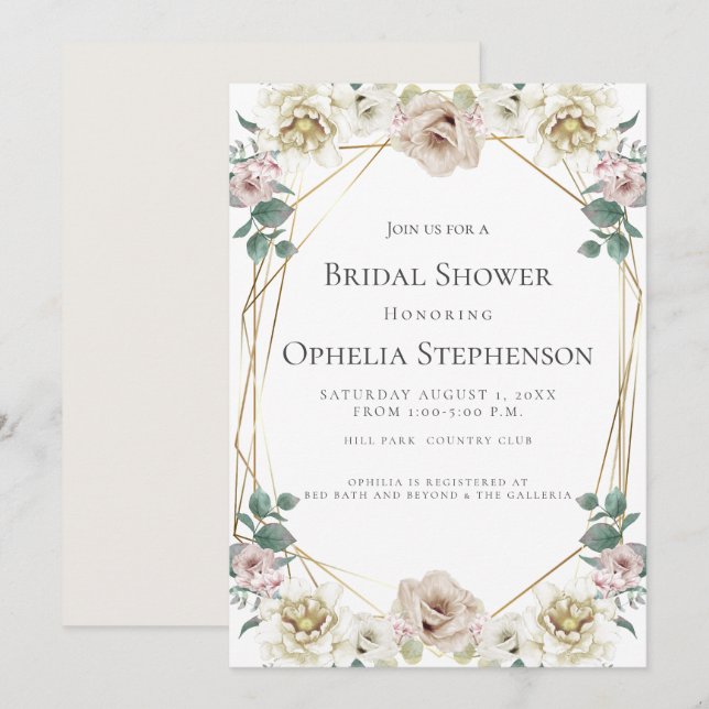 Brautparty | Alabaster Blush Floral Einladung (Vorne/Hinten)