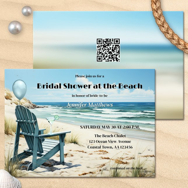 Brautparty am Strand Einladung (Beach bridal shower invitation featuring a vintage lounge chair + cocktail on a coast with dunes)