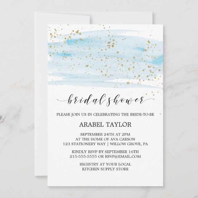 Brautparty Aquarellblau und Goldglanz Einladung (Vorderseite)
