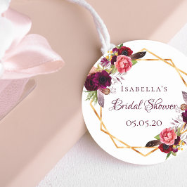 Brautparty Aquarellblumen Bordeaux Gold Runder Aufkleber