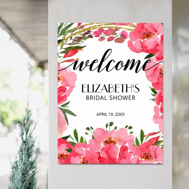 Brautparty Aquarellfarben Rosa Peonies Willkommen Poster (Pink Peony Flowers Bridal Shower Welcome Poster, PRINTED or INSTANT DOWNLOAD)
