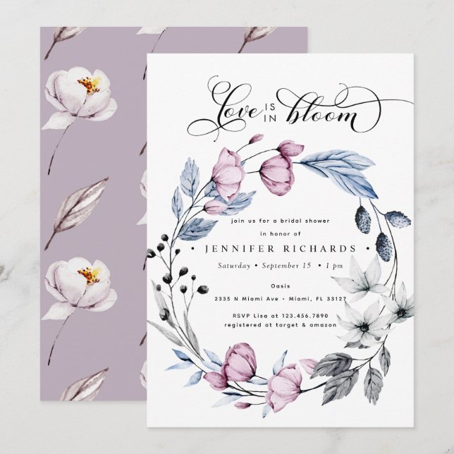 Brautparty Aquarellfarben Rosa und Blau Blumen Einladung (Vorne/Hinten)
