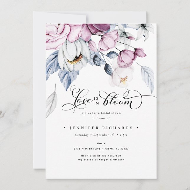 Brautparty Aquarellfarben Rosa und Blau Blumen Einladung (Vorderseite)