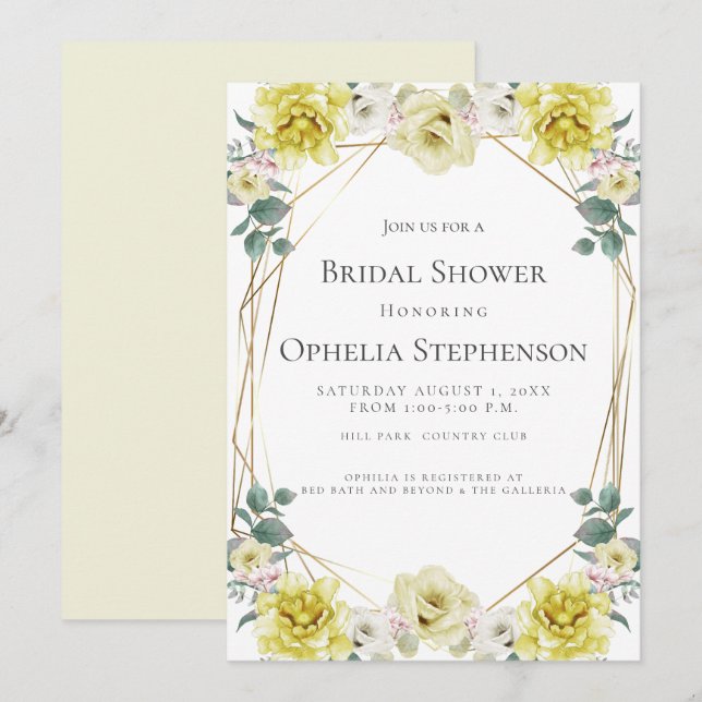 Brautparty | Aquarellgelbe Blumen Einladung (Vorne/Hinten)