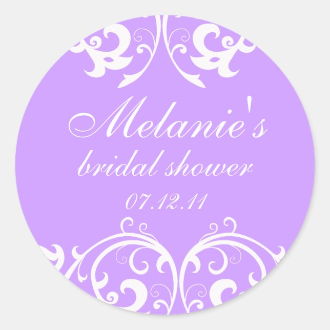 Brautparty-Aufkleber für Lavendel und weiße Damast Runder Aufkleber (Vorderseite)