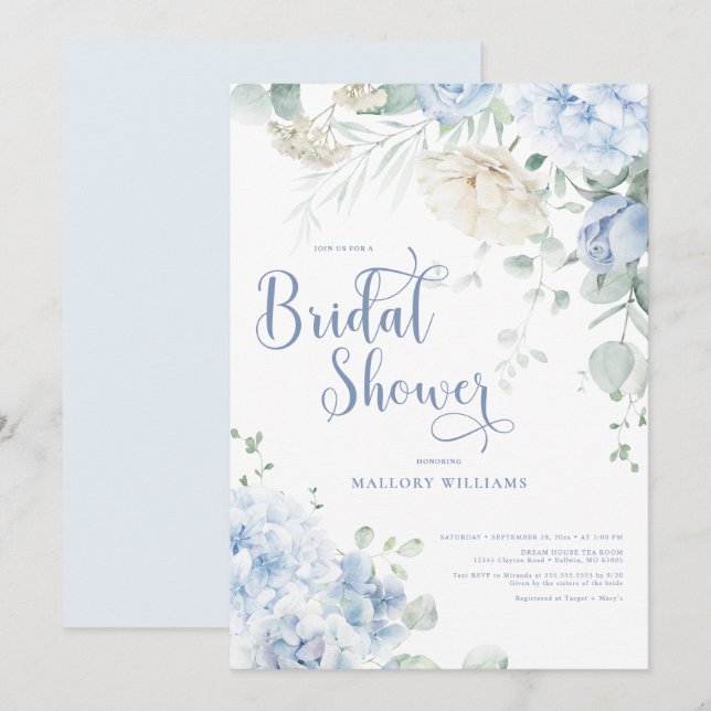 Brautparty aus Blauem und Weißem Hydrangeas Einladung (Vorne/Hinten)