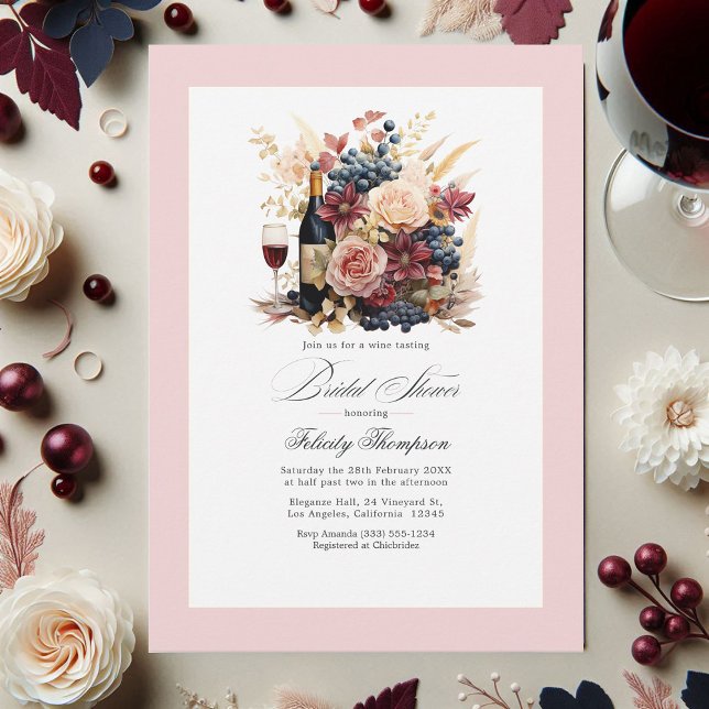 Brautparty aus Burgund, Navy und Blush Einladung (Burgundy, Navy and Blush Floral Wine Bridal Shower Invitation)