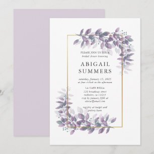 Brautparty aus lila Folien und Goldrahmen Einladung