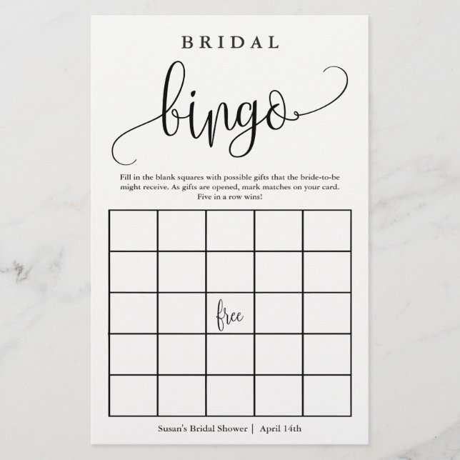 Brautparty Bingo Calligraphy Paper Game Card Flyer (Vorne)