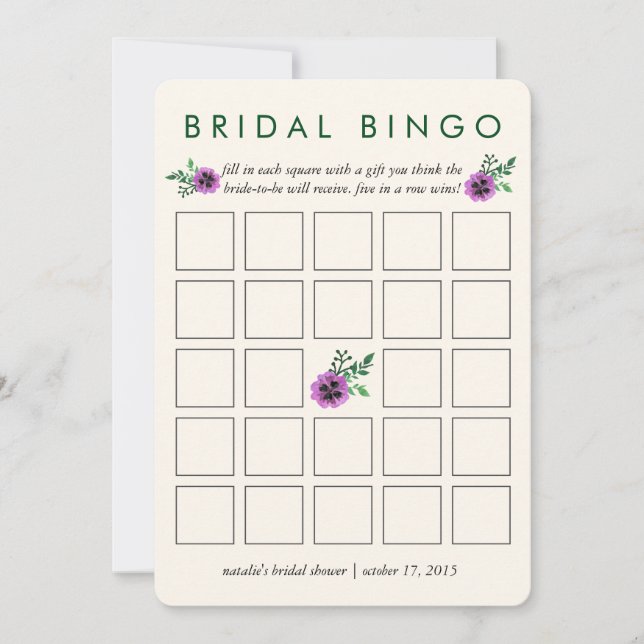 Brautparty Bingo Game Card | Lila Pansy (Vorderseite)