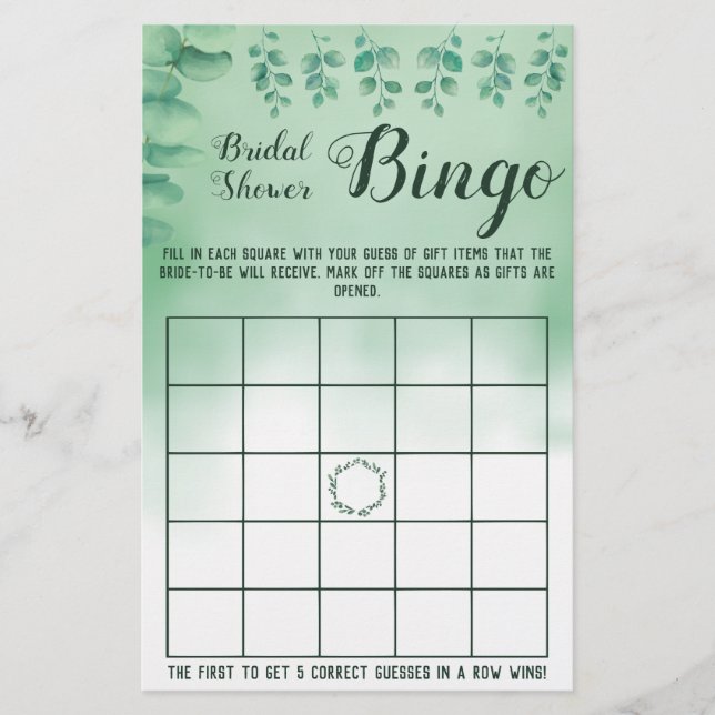 Brautparty Bingo Greenery Eukalyptus Game Card Flyer (Vorne)